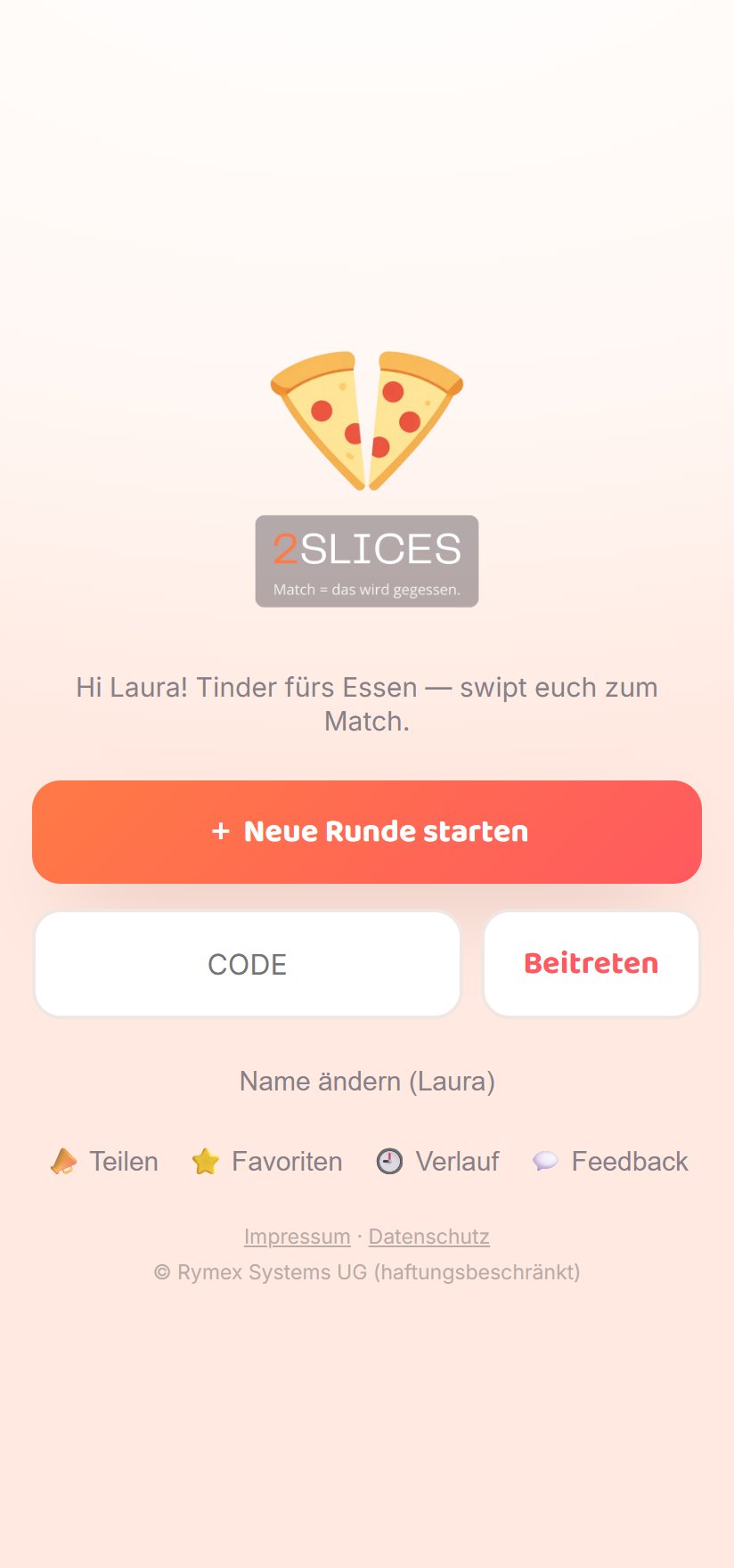 2SLICES – Startbildschirm: Runde starten oder per Code beitreten