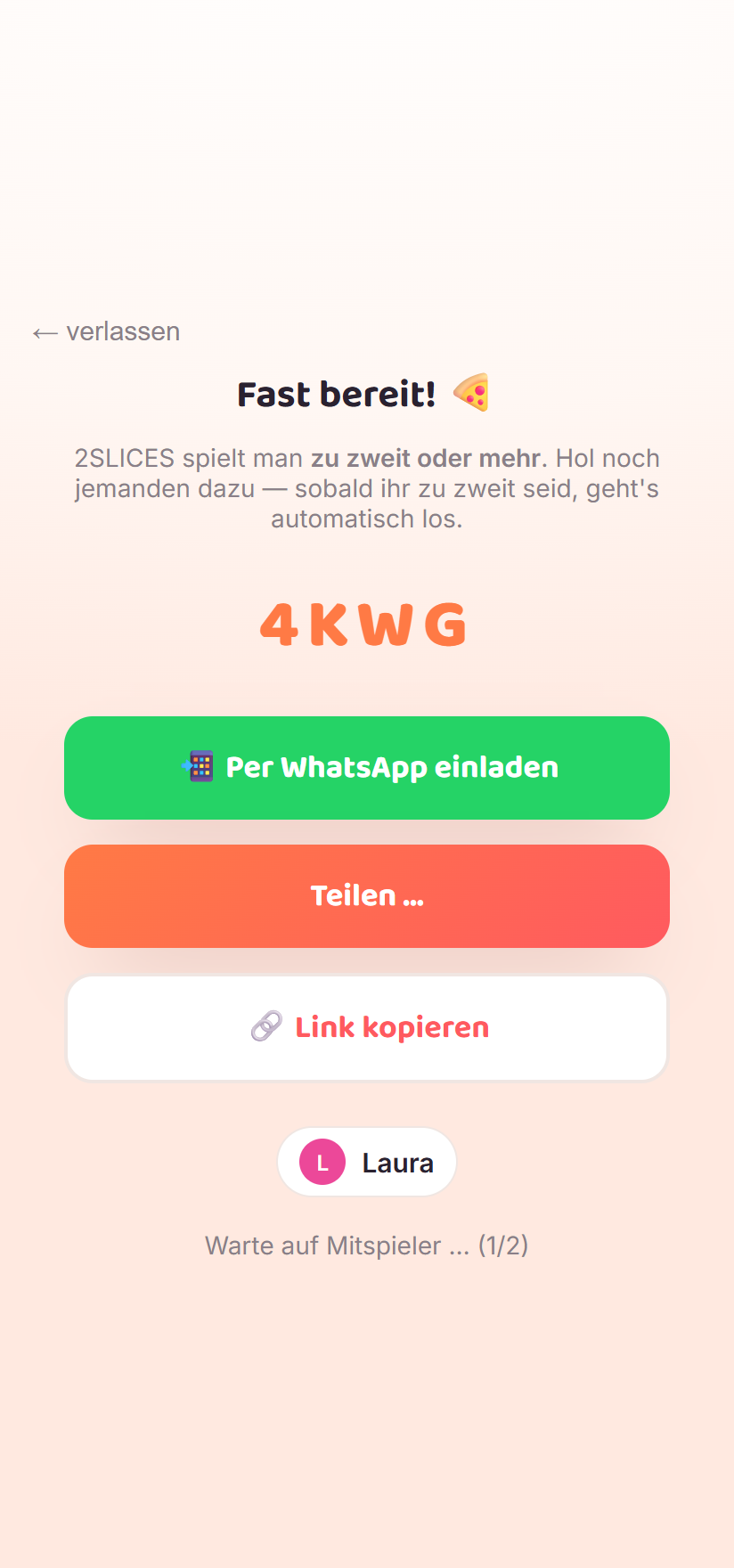 2SLICES – Lobby mit Raum-Code zum Teilen