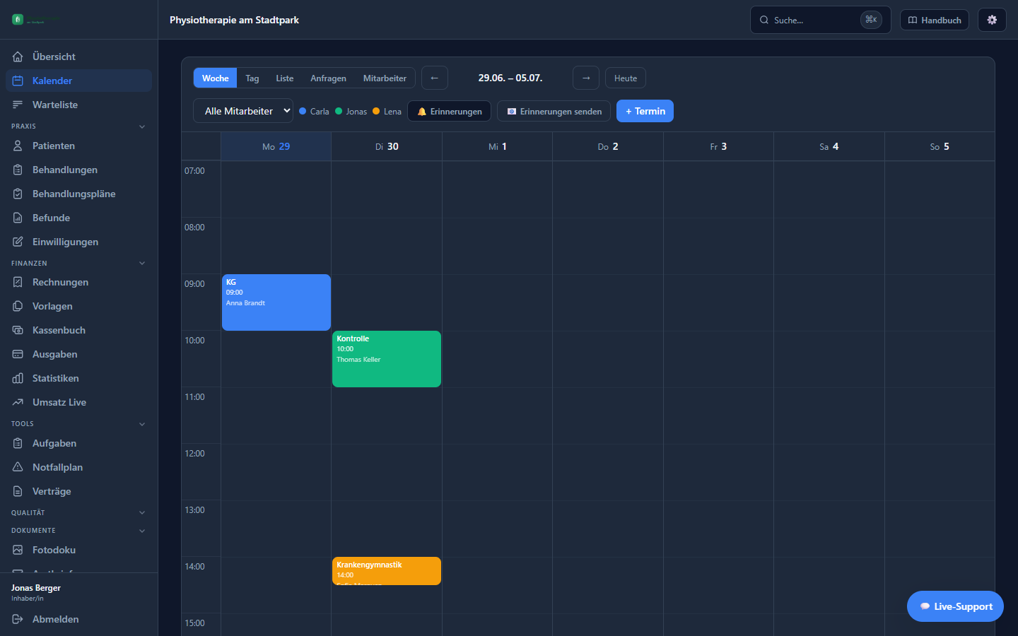 HAL Praxissoftware – Kalender-Wochenansicht mit farbcodierten Terminen