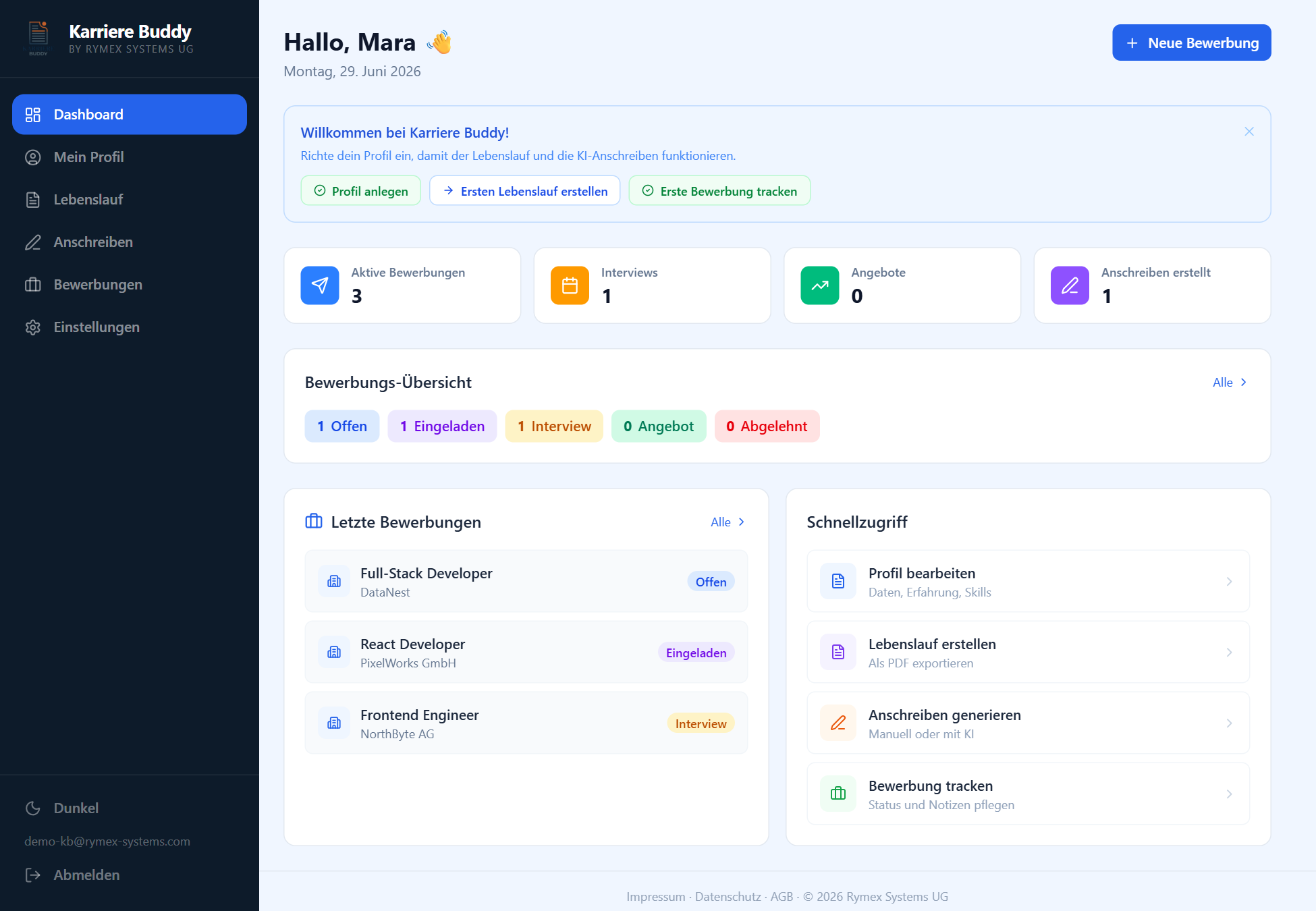 Karriere Buddy – Dashboard mit Bewerbungs-Status und Fortschritt