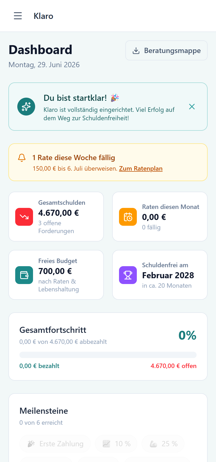 Klaro – Dashboard mit Gesamtschulden, Budget und Schuldenfrei-Datum