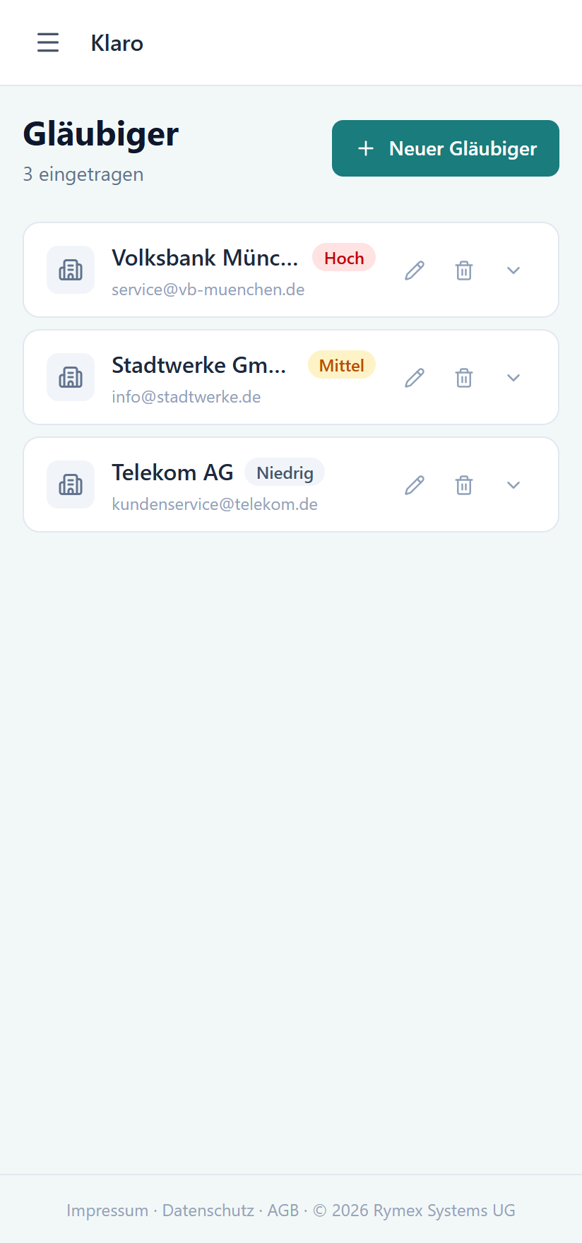 Klaro – Gläubigerübersicht mit Priorität