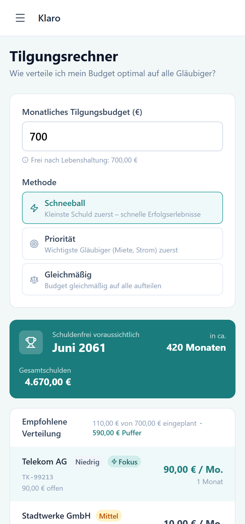 Klaro – Tilgungsrechner mit Strategie und Schuldenfrei-Prognose