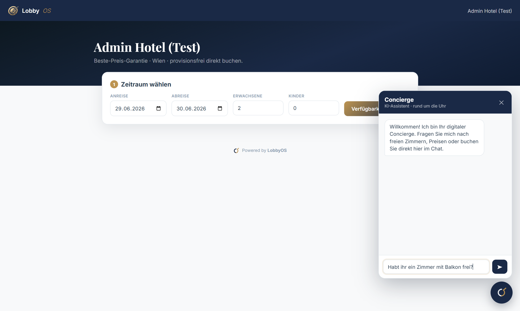 LobbyOS – provisionsfreie Web-Buchungsstrecke mit KI-Concierge, der im Chat bucht