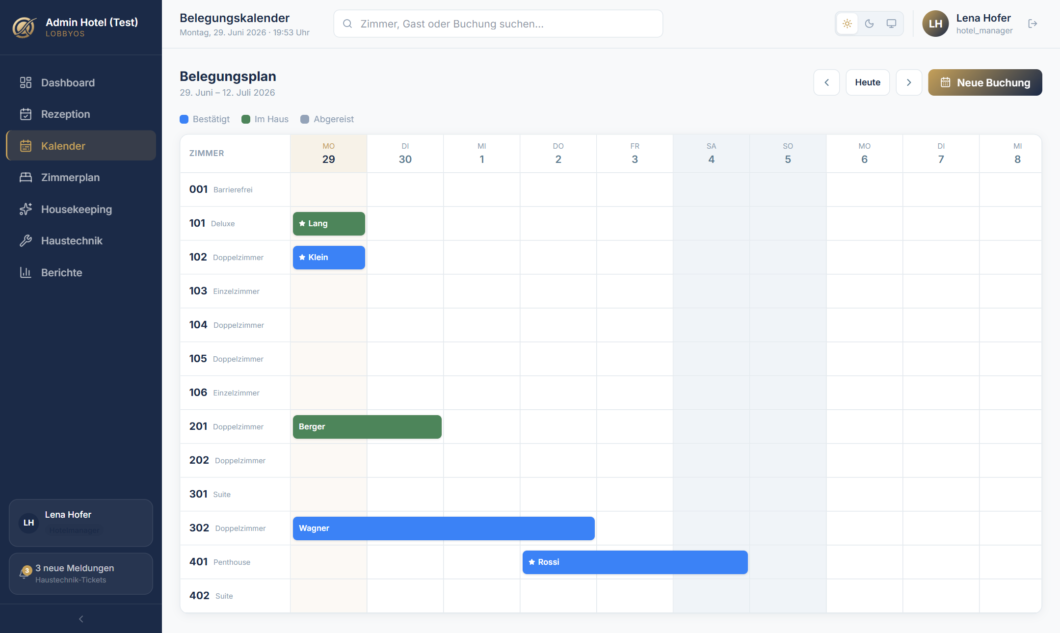 LobbyOS – Belegungskalender: Zimmer × Tage mit Buchungsbalken, per Drag & Drop verschiebbar