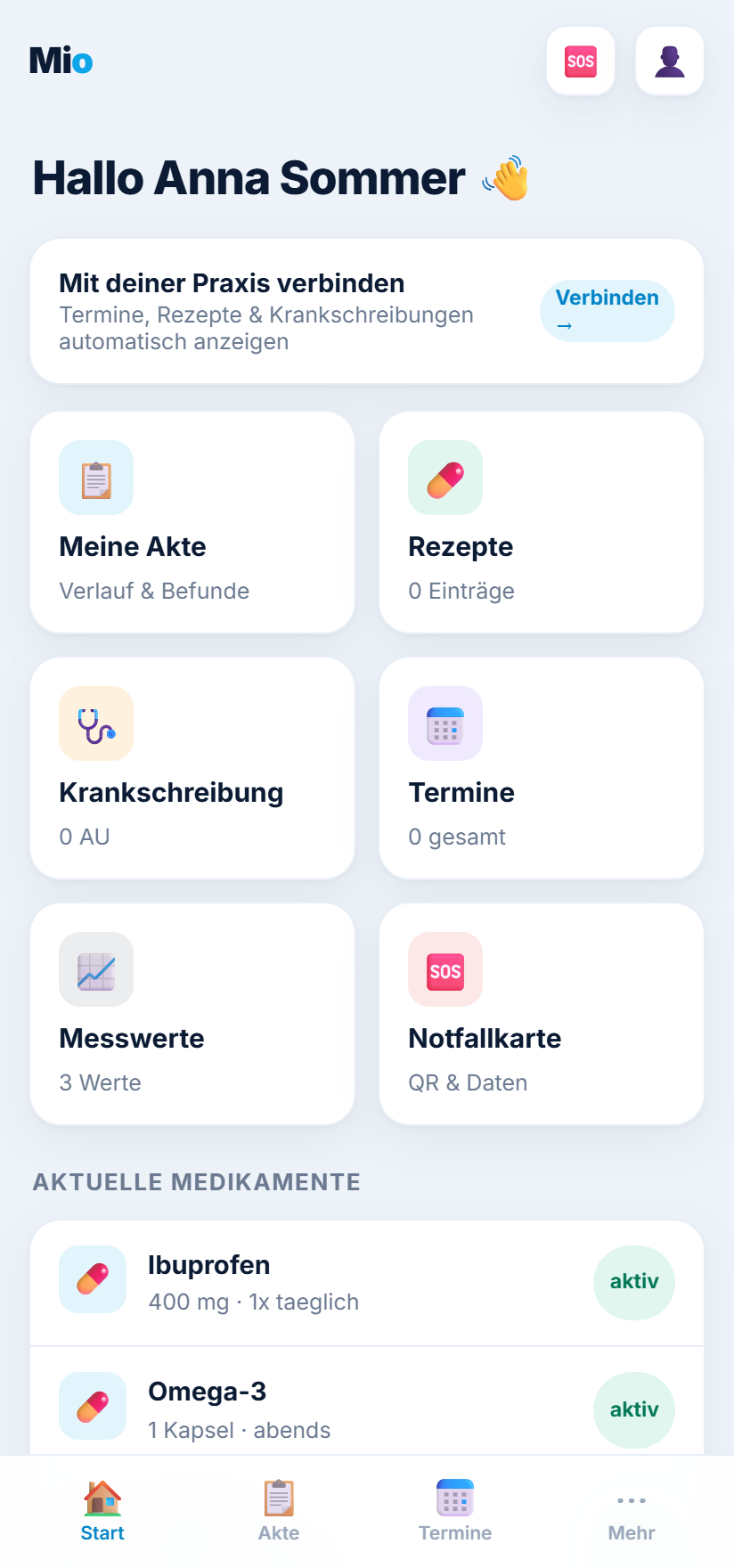 Mio – Startbildschirm mit Medikamenten, Messwerten und Notfallkarte