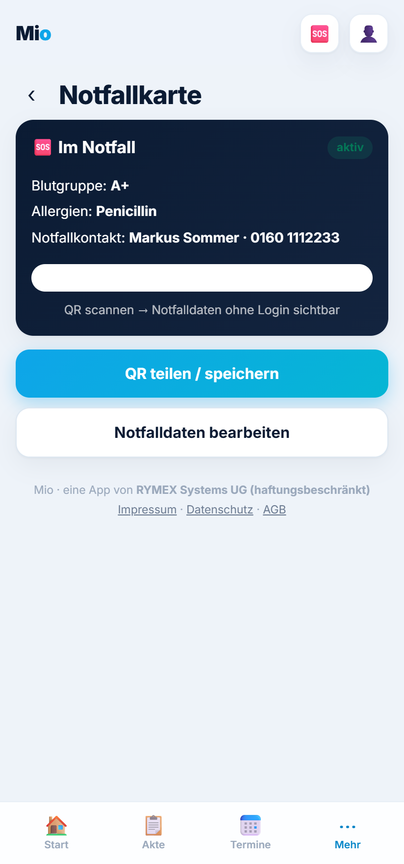 Mio – Notfallkarte mit Blutgruppe, Allergien und Notfallkontakt, per QR teilbar
